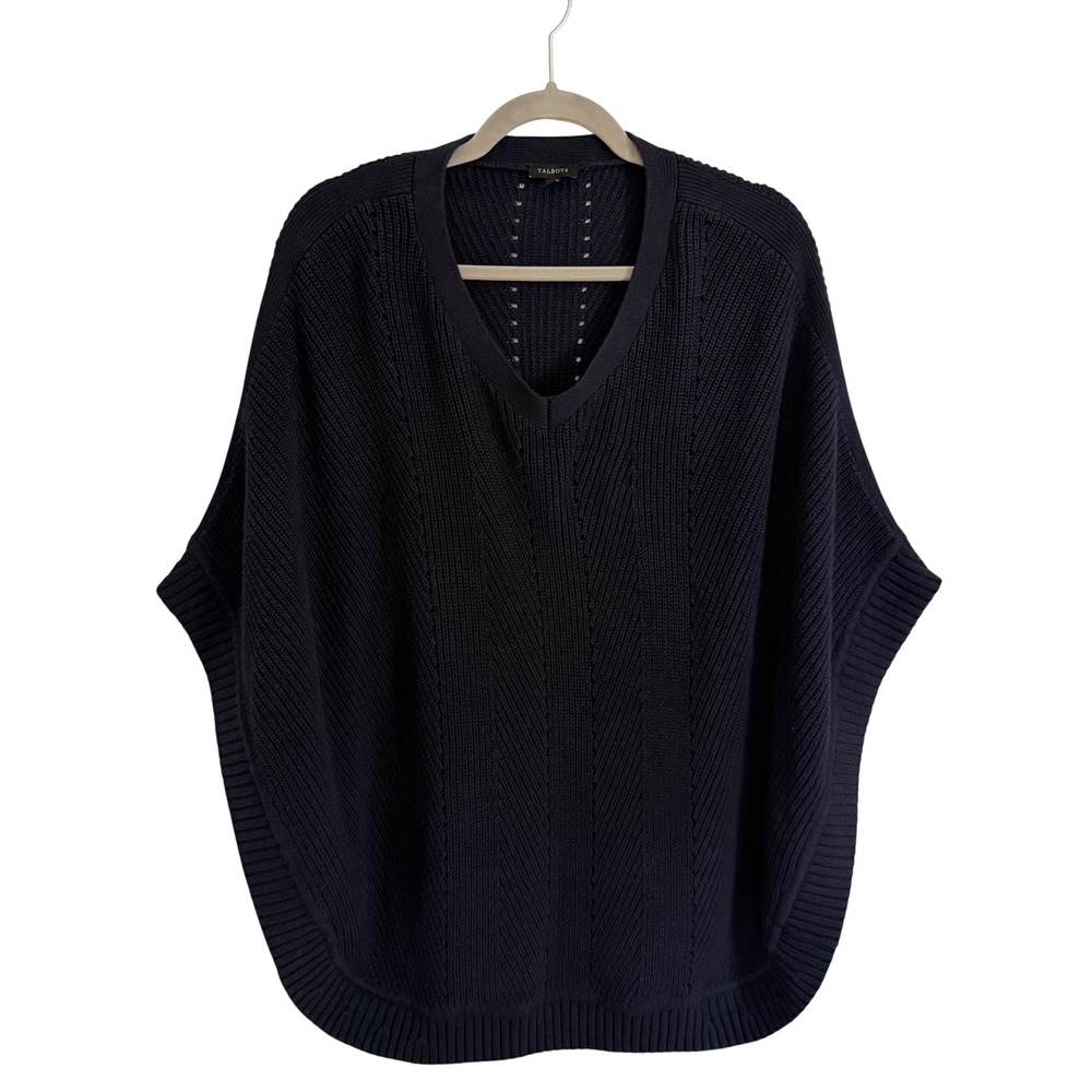 Talbots‎ Navy Blue V-Neck Pointelle Chevron Knit Poncho Sweater Womens Medium